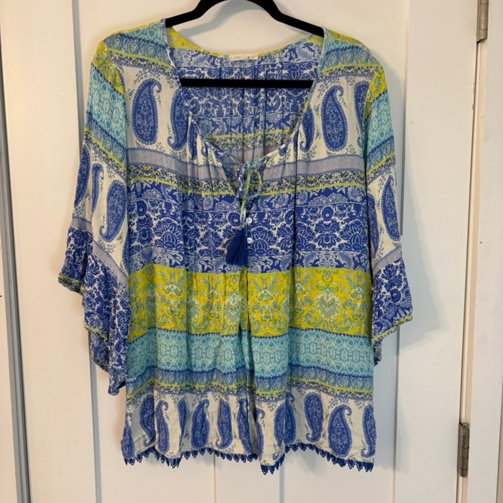 Latitude 10 Blue Paisley Floral Bell Sleeve Blouse Tassel Tie Plus 3X Boho